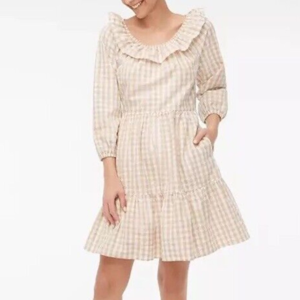 J Crew Tan White Gingham Ruffle Dress Sz Medium Preppy Cute Prairie Cottagecore